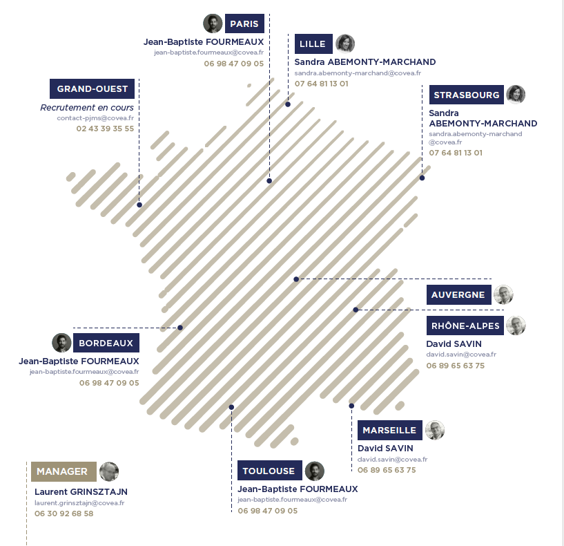 Carte de France avec localisation de nos Chargés d'affaires protection juridique