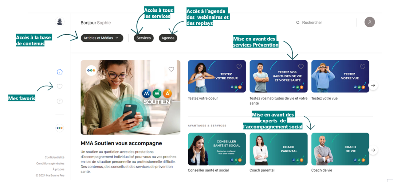 nouveau site MMA soutien avec accès à la base de contenus, accès à tous les services, accès à l'agenda des webinaires et des replays, mise en avant des services Prévention et mise en avant des experts de l'accompagnement social